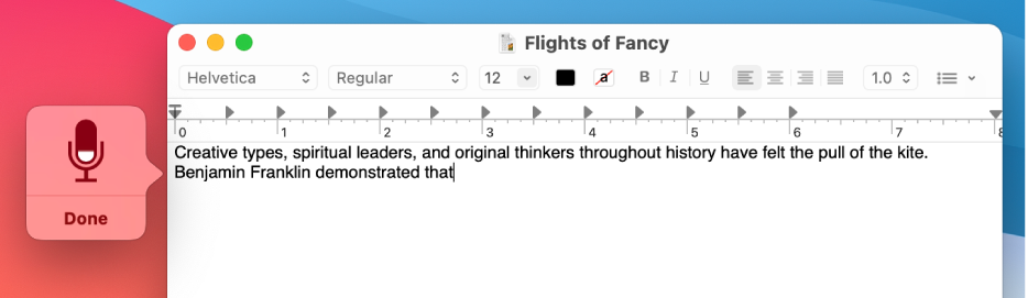 Apple's macOS User Guide screenshot of Dictation in use: a TextEdit window titled Flights of Fancy with 2 sentences of dictated text, and the floating Dictation feedback window at the left showing a red microphone glyph and a Done button