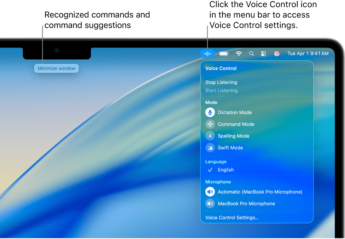 The macOS menu bar Voice Control icon open, showing a dropdown with Stop Listening, a Mode section listing Dictation Mode, Command Mode, Spelling Mode and Swift Mode, and a Voice Control Settings link