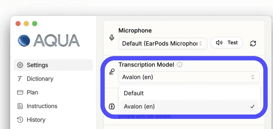 Aqua's macOS Settings pane showing a Microphone dropdown set to Default (EarPods Microphone) with a Test button, and a Transcription Model dropdown open showing Default and Avalon (en) options, with Avalon (en) selected