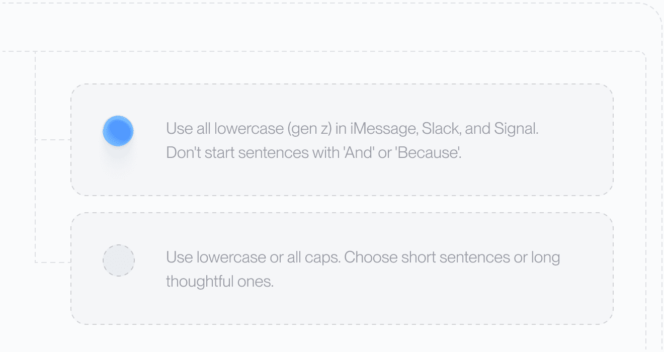 An illustration from Aqua Voice showing 2 writing style rule cards, one reading Use all lowercase in iMessage, Slack, and Signal and do not start sentences with And or Because, the other reading Use lowercase or all caps and choose short sentences or long thoughtful ones
