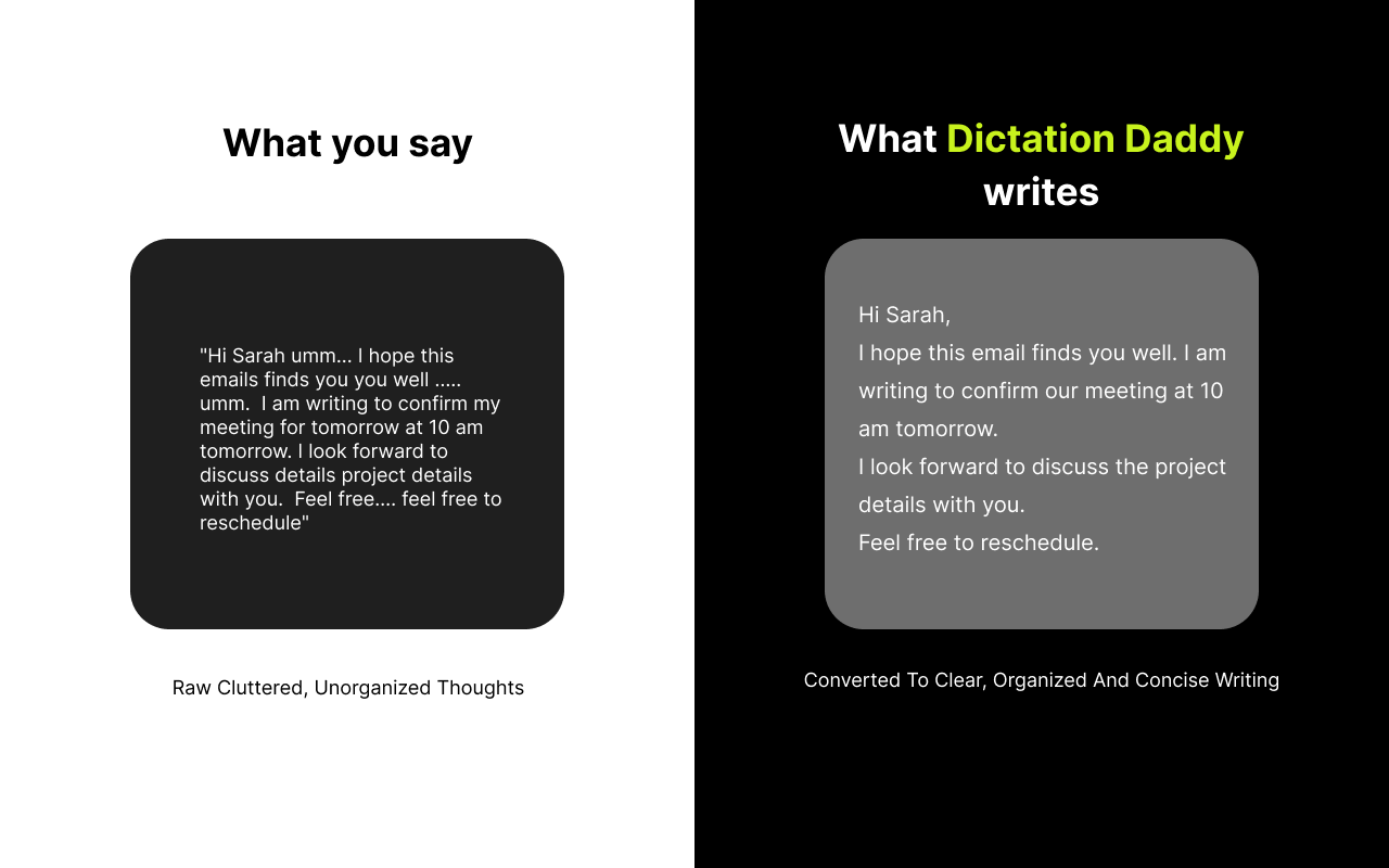 Dictation Daddy's before and after comparison: on the left a raw rambling dictation full of ums and repeated words, on the right the same message rewritten as a clean 4-line email