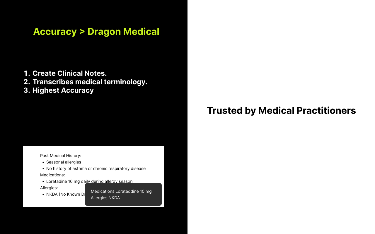 A marketing graphic with the headline Accuracy greater than Dragon Medical, beside a mock clinical note showing Past Medical History, Medications and Allergies fields and a tooltip listing a dictated medication and allergy entry