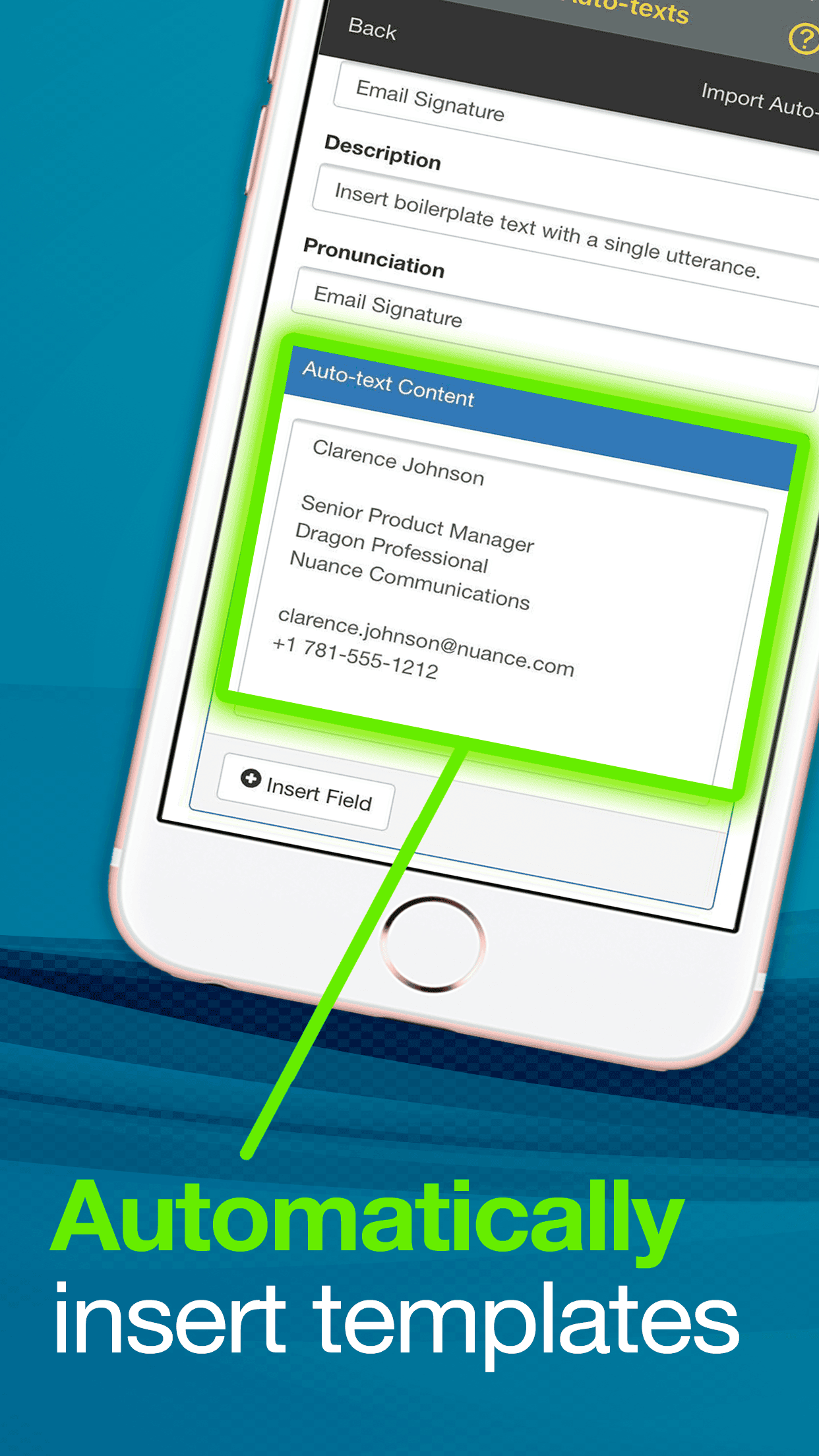Dragon AnywhereのiPhone画面。Email Signatureという名前のAuto-text項目を編集する画面で、DescriptionとPronunciationの欄の下に、口述した署名のひな形が入ったAuto-text Contentの欄がある