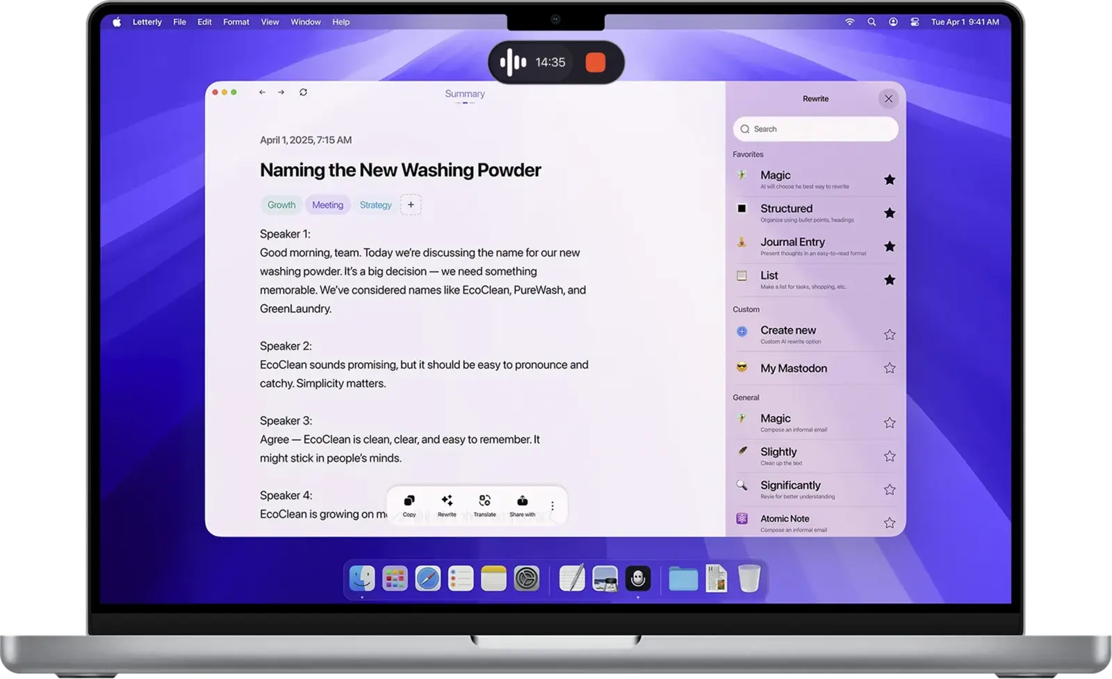 MacBookで動くLetterly。波形と停止ボタンの付いた黒い録音バーが浮かび、話者名の付いた文字起こしとタグの入ったメモウィンドウ、右側に書き換えの体裁を並べたパネルが表示されている