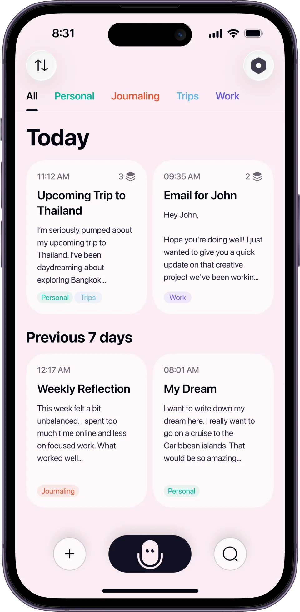Letterlyのメモ一覧画面(iPhone)。「Today」と「Previous 7 days」に分かれ、Upcoming Trip to ThailandやEmail for John、Weekly Reflection、My Dreamといったカードにそれぞれ色分けされたカテゴリラベル(Personal、Trips、Work、Journalingなど)が付いている
