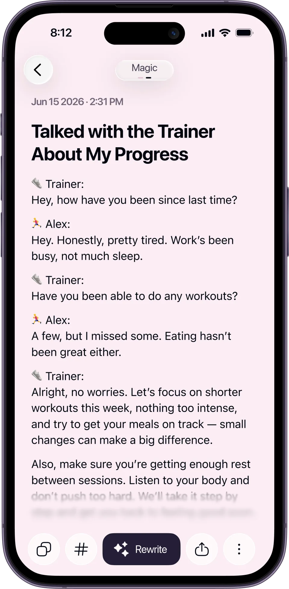 Letterlyのメモ画面。「Talked with the Trainer About My Progress」というノートに、TrainerとAlexの会話が絵文字の話者マーク付きで整えられて表示され、上部に「Magic」の書き換えスタイル選択、下部にコピー・タグ・Rewrite・共有のボタンが並ぶツールバーがある