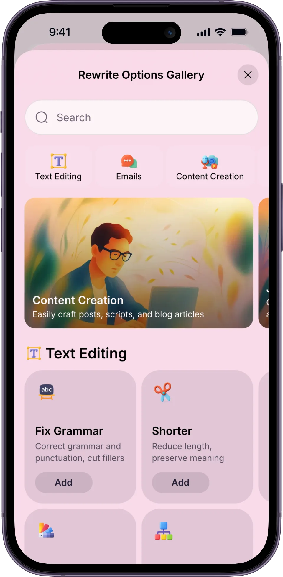 iPhoneに表示されたLetterlyの書き換えギャラリー。文章編集、メール、コンテンツ制作というカテゴリのタイルの下に、文法修正と短縮の型がカードで並び、それぞれに追加ボタンが付いている