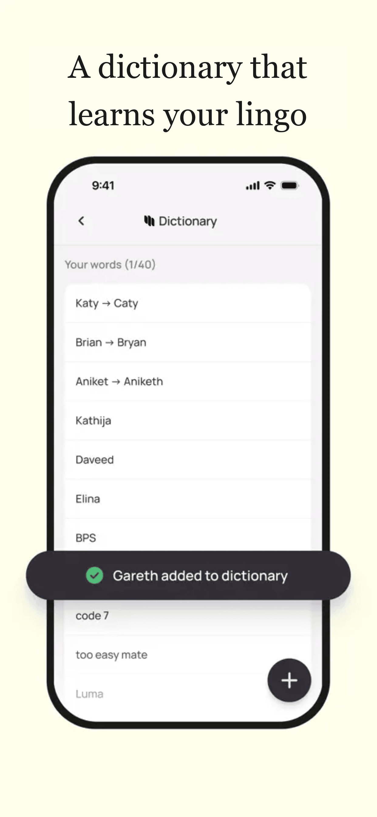 LumeVoice's Dictionary settings screen listing custom word corrections such as Katy to Caty and Brian to Bryan, with a toast confirming Gareth added to dictionary
