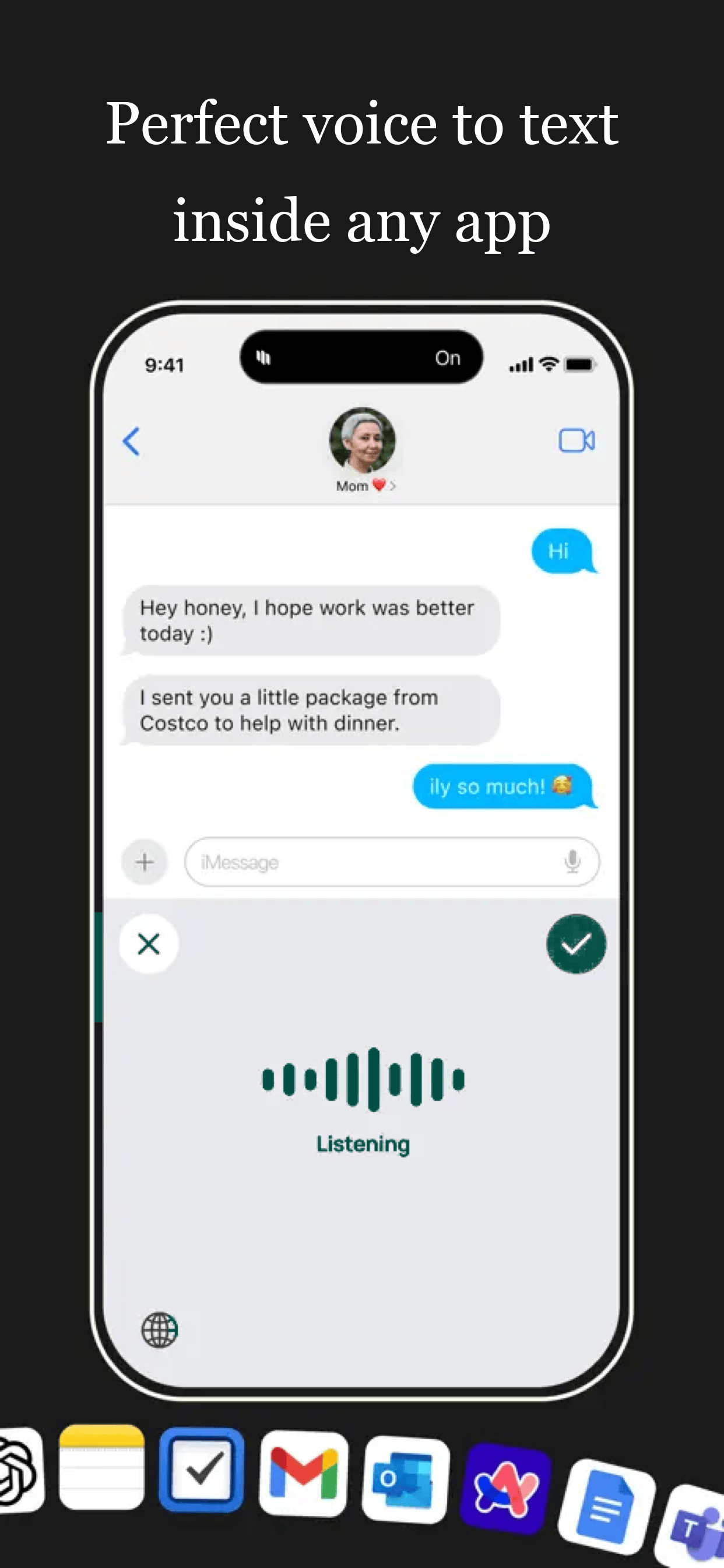 A dark-mode iMessage conversation with Mom, with LumeVoice's dictation overlay active over the keyboard showing a waveform, a Listening label, and cancel and confirm buttons