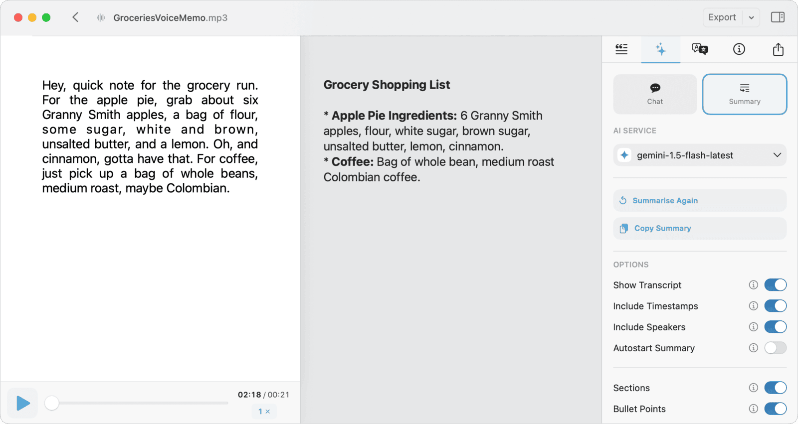 MacWhisper's transcript window for GroceriesVoiceMemo.mp3 with the AI Summary panel open, showing a gemini-1.5-flash-latest AI service selector, a generated grocery-shopping-list summary, and toggles for Show Transcript, Include Timestamps, Include Speakers and Autostart Summary