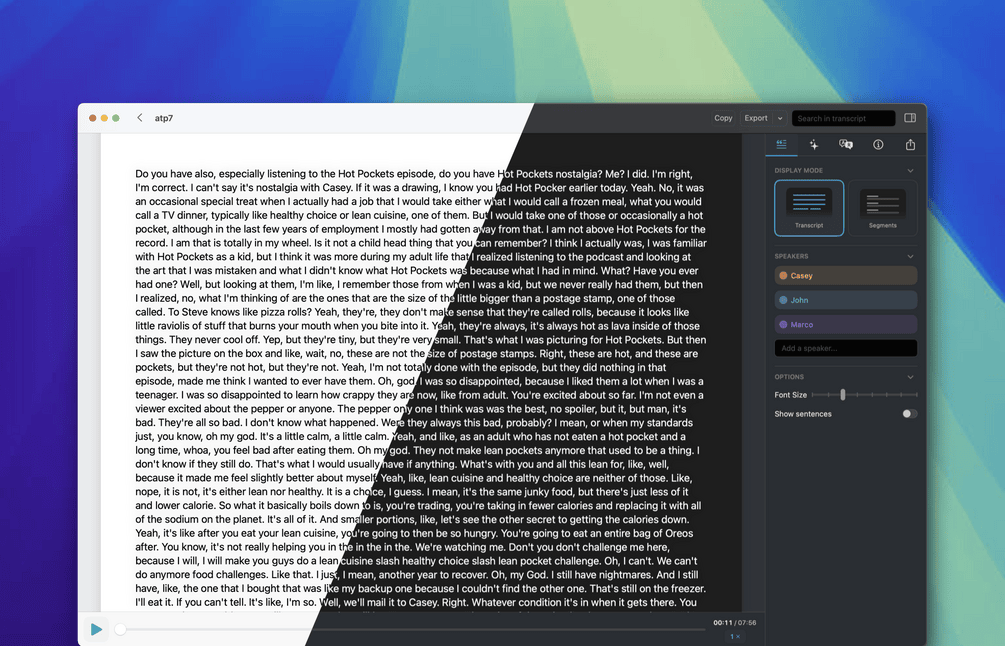 The MacWhisper transcript editor with a long transcript on the left, playback controls at the bottom, and a right-hand panel listing speakers Casey, John and Marco with a display mode toggle
