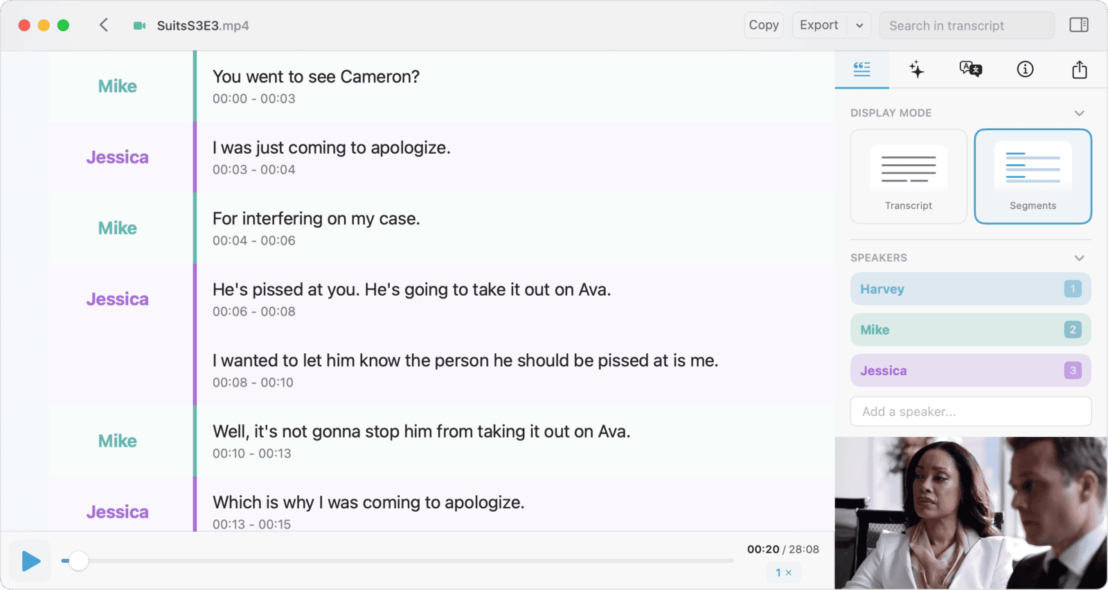 MacWhisper's transcript window for SuitsS3E3.mp4 in Segments display mode, each line carrying a speaker name and a timestamp, with a Speakers panel listing Harvey, Mike and Jessica and a video thumbnail below it
