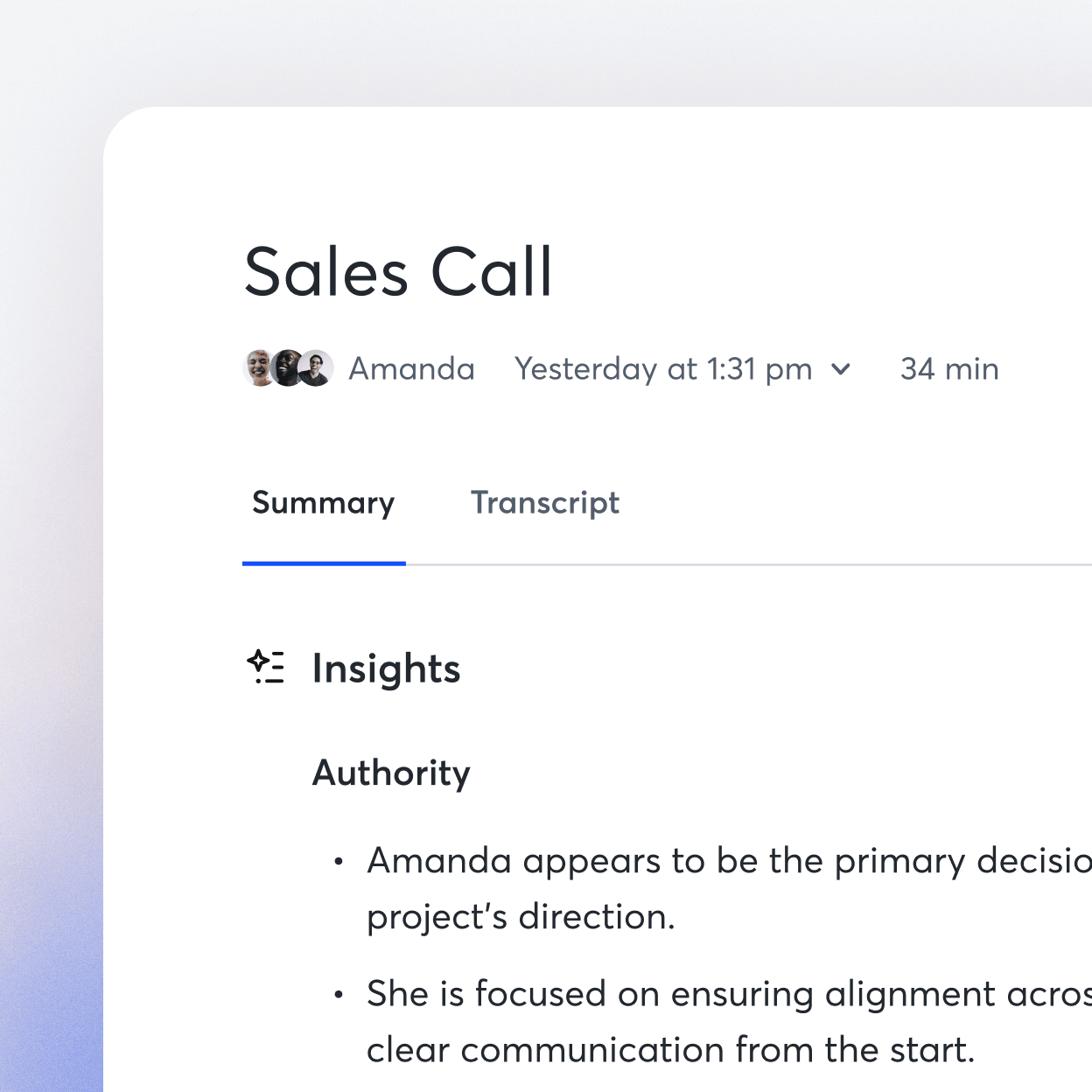 An Otter.ai note titled Sales Call, 34 minutes, with Summary and Transcript tabs and an Insights panel listing bulleted observations about the call