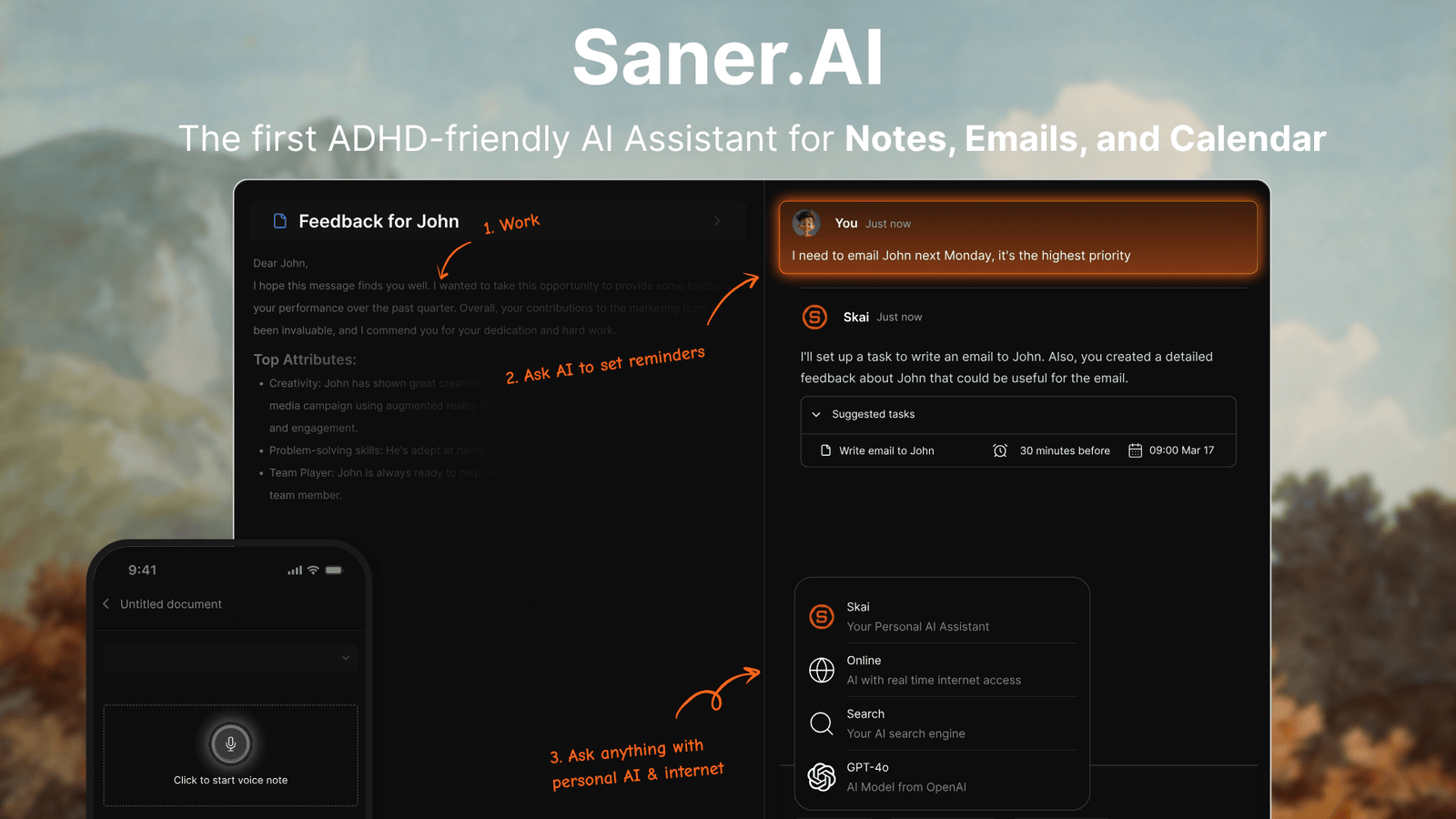 Saner.AIの紹介画像。メモとメールとカレンダーのためのADHD向けAIアシスタントという説明の下に、メモ画面、Skaiというアシスタントがリマインダー付きのタスクを提案しているチャット、音声メモの開始ボタンが写ったスマートフォンの画面が並んでいる