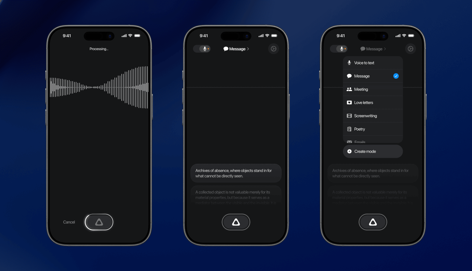 3 superwhisper iOS screens: a Processing waveform screen, a Message-mode dictation screen with a floating triangular record button, and an open mode picker listing Voice to text, Message, Meeting, Love letters, Screenwriting, Poetry and a Create mode option