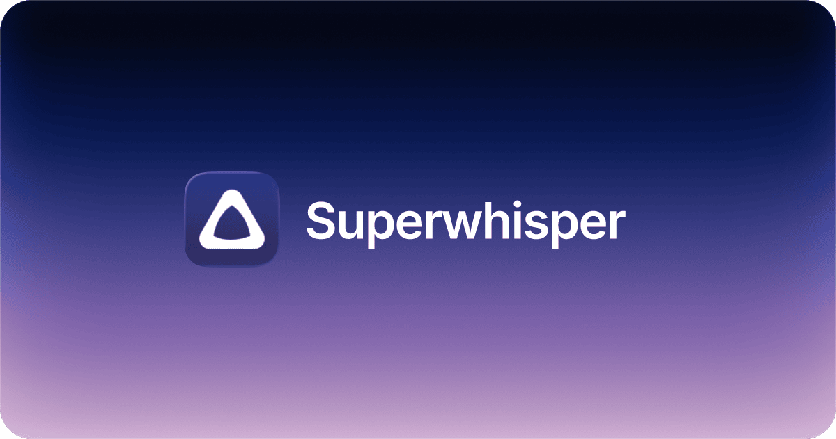 superwhisper's share card: the app's white triangular ribbon mark and the superwhisper wordmark on a purple to near-black gradient