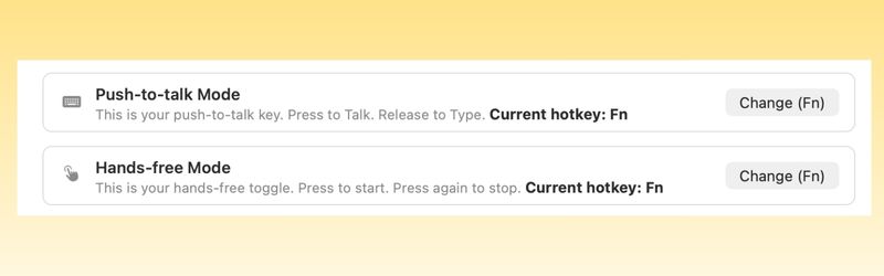 A Voibe settings panel showing Push-to-talk Mode and Hands-free Mode entries, each listing the current hotkey (Fn) with a Change button