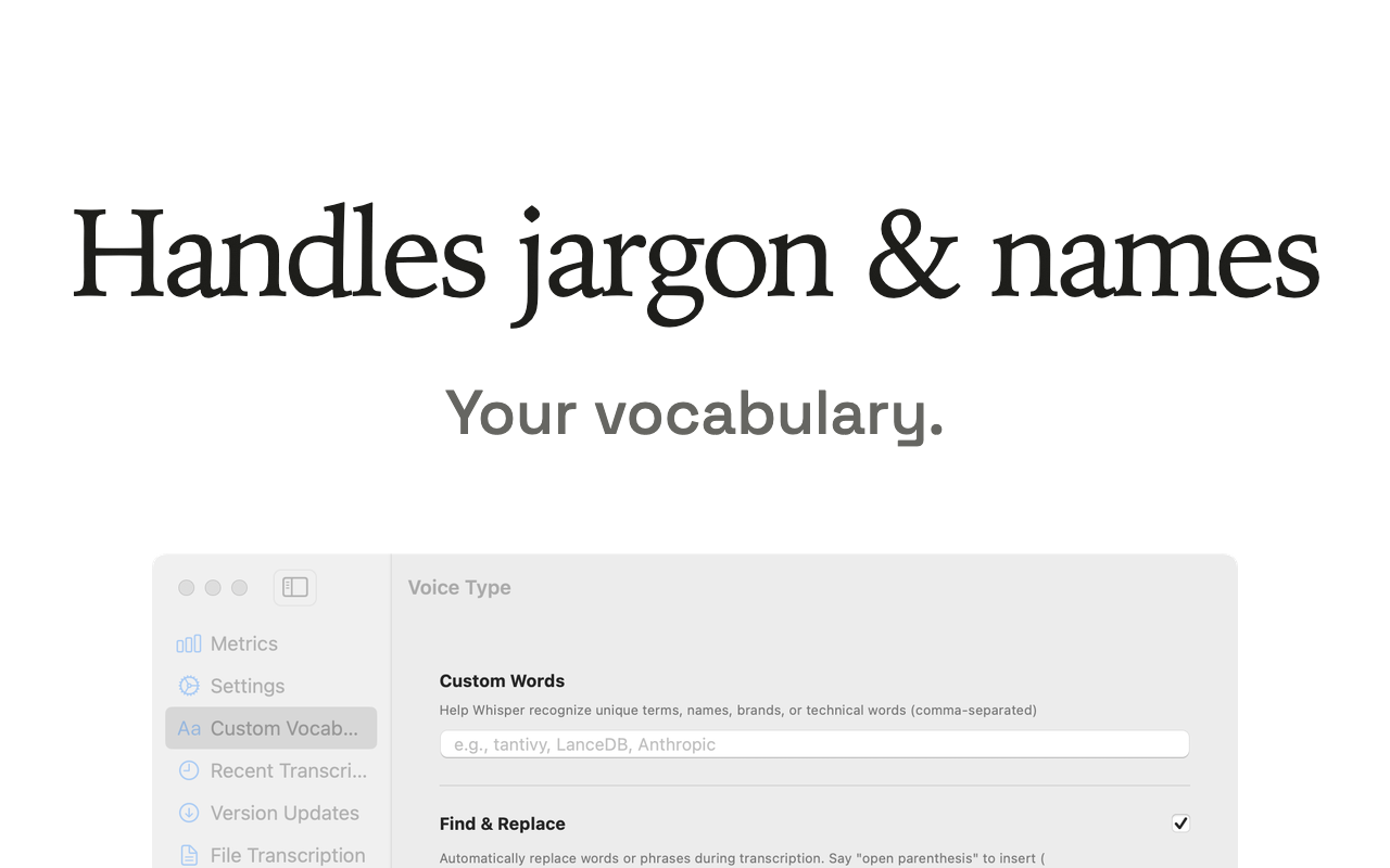 Handles jargon and namesという見出しのVoice TypeのApp Storeスクリーンショット。その下にCustom Vocabularyの設定画面があり、Custom Wordsの入力欄とFind and Replaceのトグルが表示されている