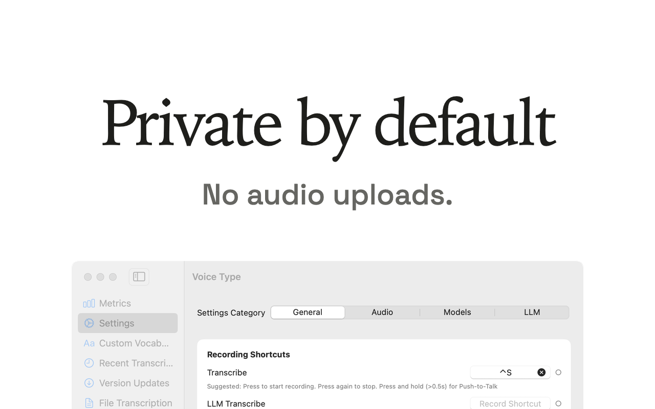 Private by default, No audio uploads.という見出しのVoice TypeのApp Storeスクリーンショット。その下にSettingsウインドウのGeneralタブがあり、Recording Shortcutsの項目でTranscribeがControl+Sに設定され、その下にLLM Transcribeの行が表示されている