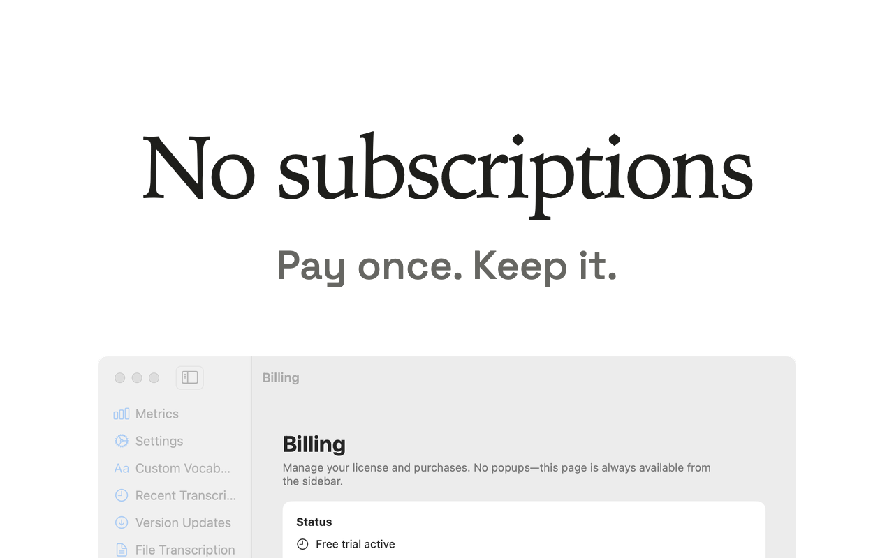 No subscriptions, Pay once. Keep it.という見出しのVoice TypeのApp Storeスクリーンショット。その下にアプリのBilling画面があり、無料試用中というステータスが表示されている
