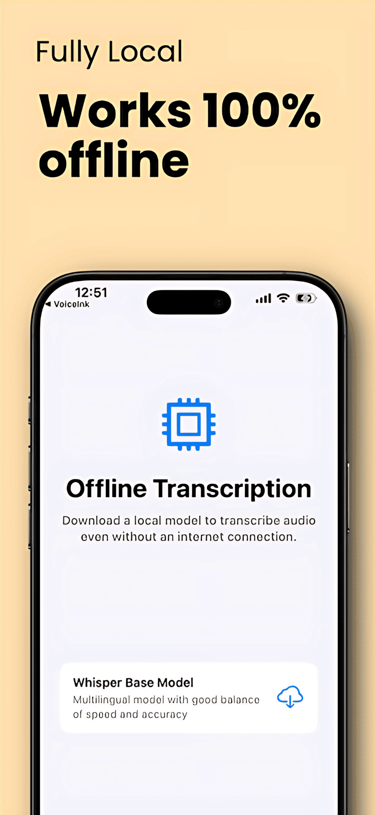 VoiceInk's iOS offline-transcription screen, showing a chip processor icon, the heading Offline Transcription, text about downloading a local model, and a Whisper Base Model card with a download icon