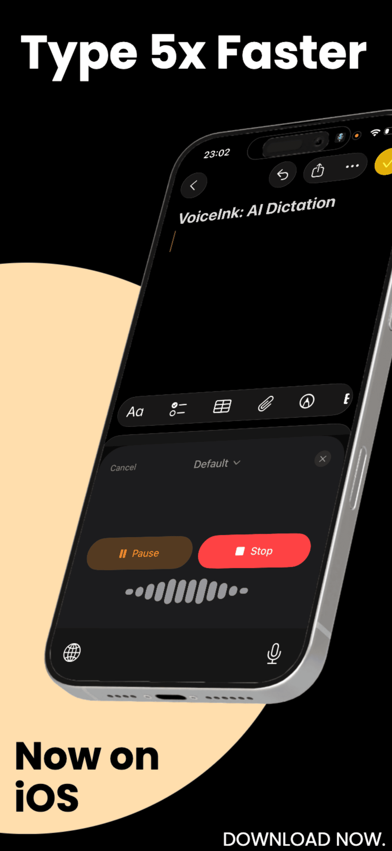 VoiceInk's iOS recording bar overlaid on a Notes-style editor, showing a waveform, a Pause button and a red Stop button above a globe icon and a microphone icon