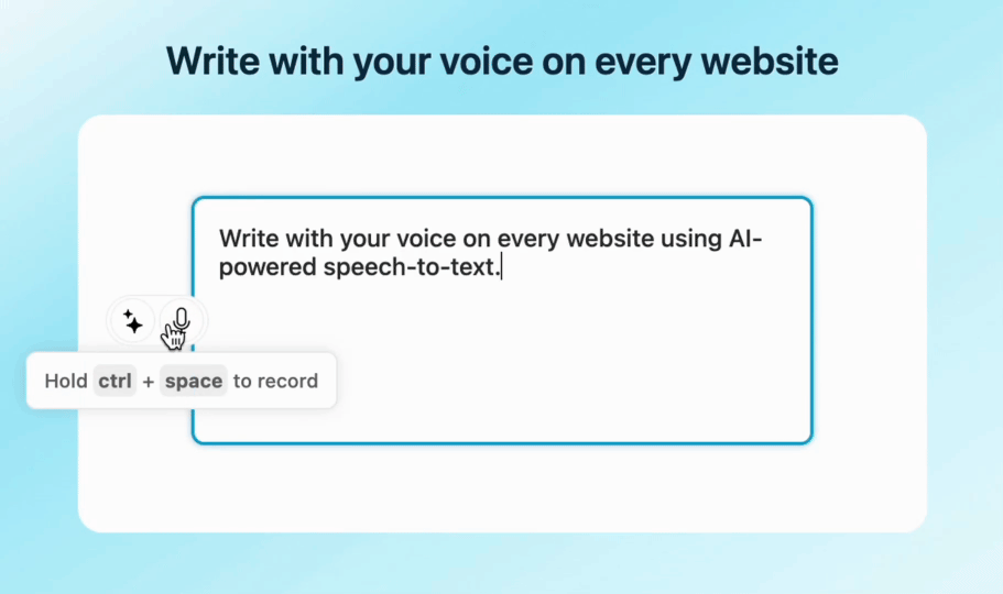 「Write with your voice on every website」という見出しの下にある汎用のウェブサイト入力欄。AIによる音声入力についての文章が入力されていて、Voicyのきらめきとマイクのアイコン、「Hold ctrl + space to record」というツールチップが表示されている