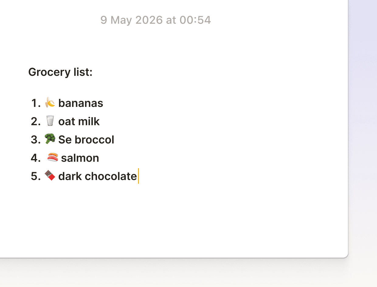An Apple Notes-style window showing a dictated grocery list with 5 numbered items, bananas, oat milk, broccoli, salmon and dark chocolate, each preceded by an emoji
