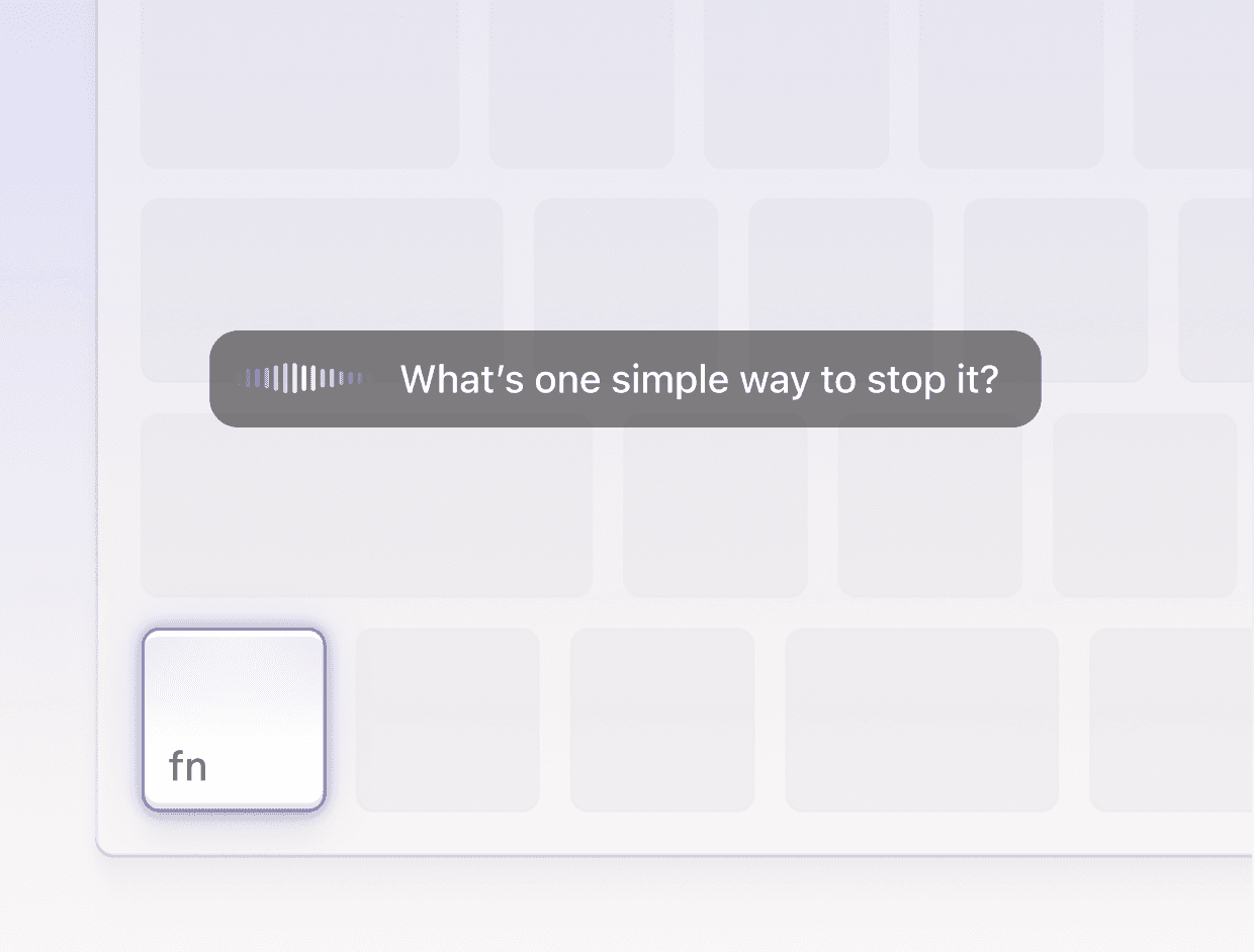Willow の宣伝用イラスト。淡い色の Mac のキーボードで fn キーが光っていて、その上に濃色の細長いパネルが浮かび、波形とリアルタイムに書き起こされた文字が並んでいる