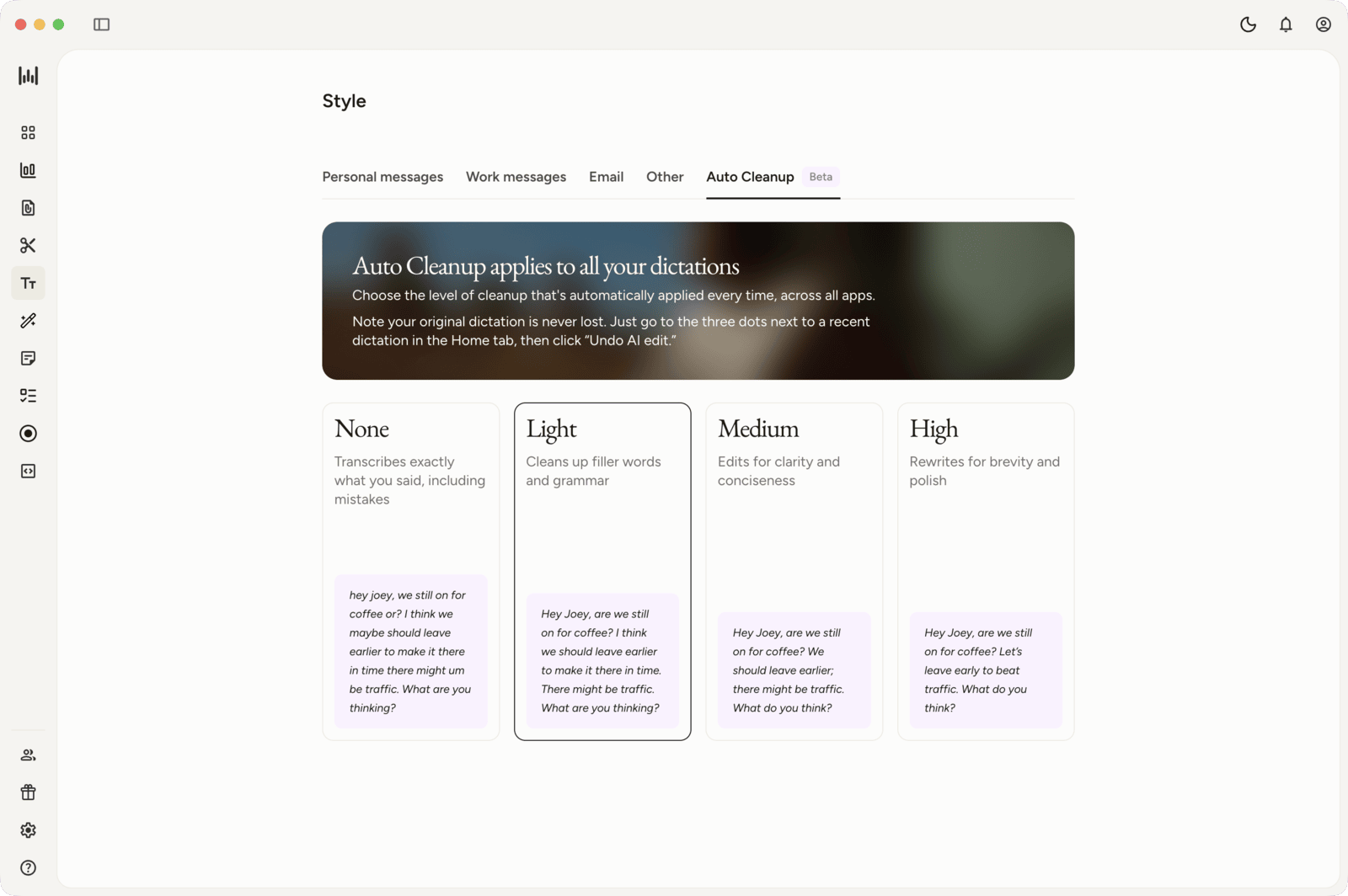 Wispr FlowのmacOS版Style設定、Auto Cleanupタブ。None、Light、Medium、Highの4段階の整形レベルがそれぞれ、その段階で書き直された例文とともに並んでいます